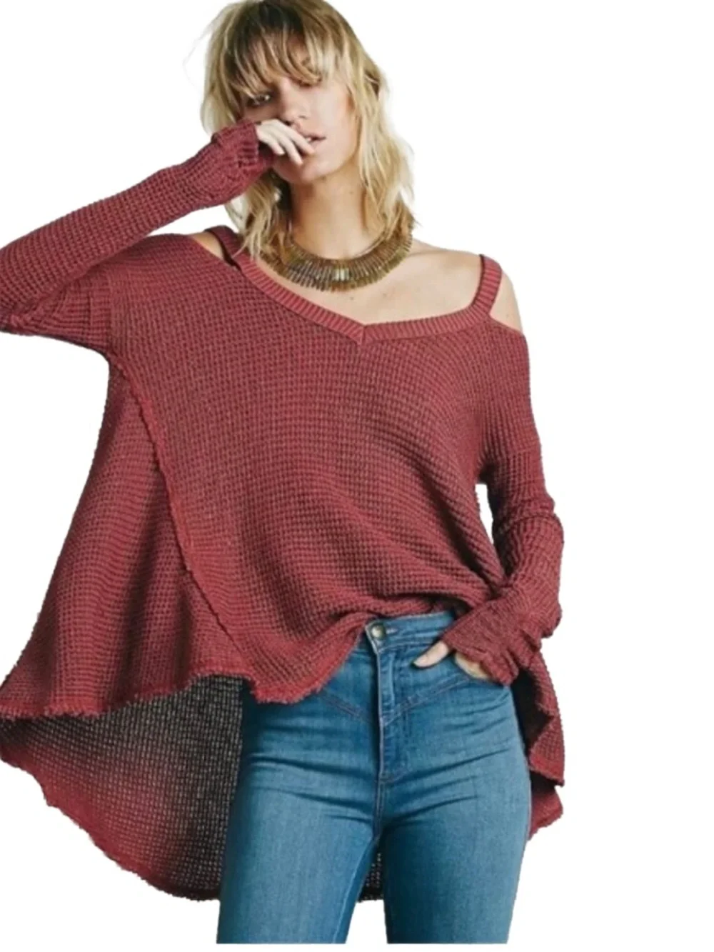 Free People Moonshine cold shoulder V-neck waffle knit sweater with a raw hem